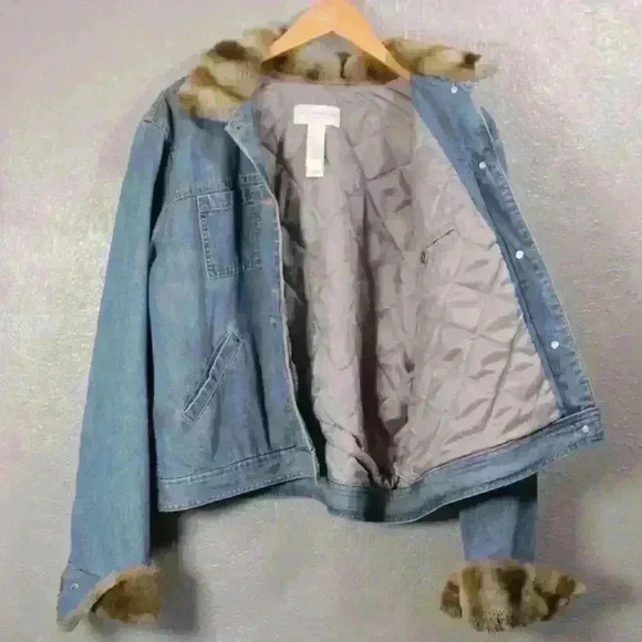 VINTAGE 90s Liz Claiborne Jean Faux Fur Cuff Collar Chore Trucker Coat Women XL - Picture 4 of 16